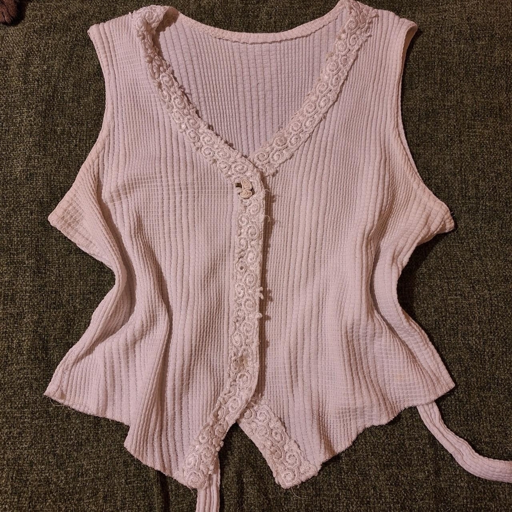 White Sleeveless Knit Top with Lace Trim